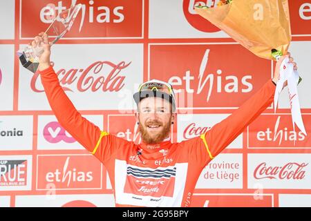 US Quinn Simmons von Trek-Segafredo feiert nach dem Gewinn des Tour De Wallonie Radrennens nach der fünften und letzten Etappe der Tour De Wallonie c Stockfoto