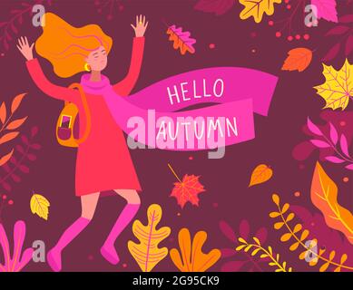 Herbst-Banner mit glücklichen Mädchen. Stock Vektor