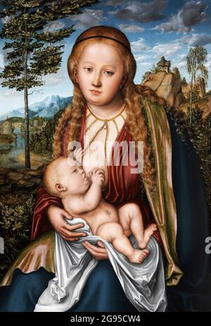 Die Jungfrau Suckling the Child von Lucas Cranach dem Älteren (1472-1553), Öl auf Linde, um 1515 Stockfoto