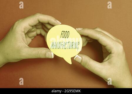 Textschild mit der Anzeige „Lebensmittelherstellung“. Wort für die Umwandlung von landwirtschaftlichen Produkten in Lebensmittel Brainstorming Probleme und Lösungen fragen relevant Stockfoto