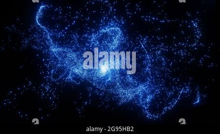 Abstrakter Hintergrund mit Wirbel und Bewegung und flimmern leuchtenden blauen Teilchen., 3d-Modell und Illustration. Stockfoto