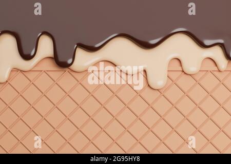 Schokolade und Vanille Eis geschmolzen auf Wafer Hintergrund., 3d-Modell und Illustration. Stockfoto