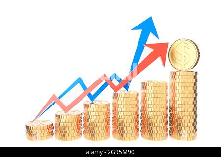 Golden Coin Stack und Finanzgraph Diagramm auf weißem Hintergrund., Geld sparen und Investition Konzept und Einsparung von Ideen und finanzielles Wachstum.3d-Modell und Stockfoto