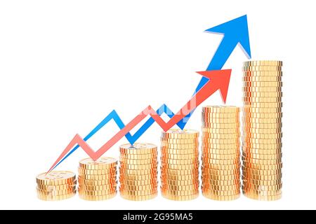 Golden Coin Stack und Finanzgraph Diagramm auf weißem Hintergrund., Geld sparen und Investition Konzept und Einsparung von Ideen und finanzielles Wachstum.3d-Modell und Stockfoto
