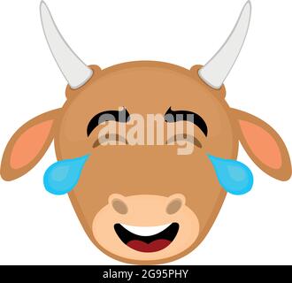 Vector Emoticon Illustration Cartoon einer Kuh´s Kopf mit einem glücklichen Ausdruck, Augen geschlossen und Tränen der Freude Stock Vektor