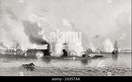 Bombardierung und Eroberung der Insel Nummer zehn auf dem Mississippi, Vereinigte Staaten von Amerika, 7. April 1862 während des amerikanischen Bürgerkrieges. Stockfoto