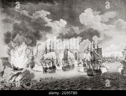 Die Zerstörung der türkischen Flotte in der Ägäis durch die Russen in der Seeschlacht von chesme, 7. Juli 1770, während des russisch-türkischen Krieges (1768–1774). Stockfoto
