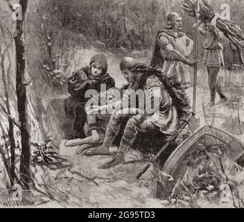 König Alfred versteckt sich in Athelney, Somerset. Alfred der große, 848/49 – 899. König der Westsachsen, 871 - c. 886 und König der Angelsachsen, c. 886 - 899. From History of England, 55B.C. to the Present time, veröffentlicht 1907. Stockfoto