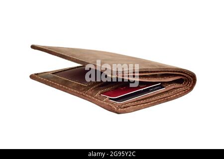 Leder-Geldbörse mit Karten isoliert auf weißem Hintergrund mit Clipping-Pfad Stockfoto