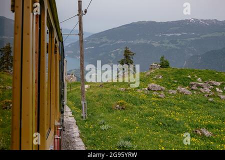 Schynige Platte, Berner Oberland, Schweiz - Touristischer Zahnradwagen mit rotem Zug in atemberaubendem Panorama mit Schweizer Alpen und Brienzersee Stockfoto