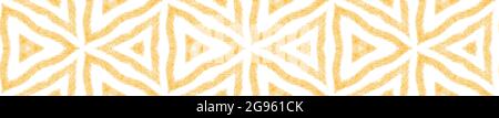 Geometrisches Nahtmuster. Gelber symmetrischer Kaleidoskop-Hintergrund. Dekoratives Gestaltungselement für Hintergrund. Handgezeichnete geometrische Nähte Stockfoto
