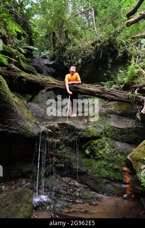 Junge Jungen erkunden die britische Landschaft am Loamhole Waterfall in Shropshire England. Kinder erkunden die Natur Großbritannien Britisches Abenteuer Stockfoto