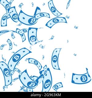 Bitcoin, Internet-Währungsscheine fallen. Zufällige BTC-Rechnungen auf weißem Hintergrund. Kryptowährung, digitales Geld. Bewunderungswürdige Vektordarstellung. Fabelhaft Stock Vektor