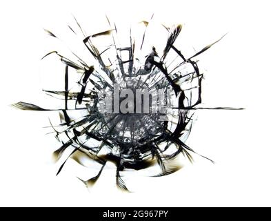 Die Wirkung der Risse aus dem Schuss auf das kugelsichere Glas Stockfoto