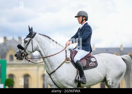 Bertram Allen aus Irland fährt Harley VD Bisschop während des Rolex Grand Prix Table A gegen die Uhr 1m60 mit Stechen, der Masters Chantilly 2021, FEI-Reitveranstaltung, Jumping CSI5 am 11. Juli 2021 im Chateau de Chantilly in Chantilly, Frankreich - Foto Victor Joly / DPPI Stockfoto