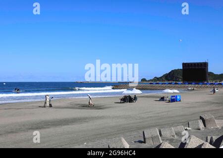 Chiba, Japan. Juli 2021. Tsurigasaki Surfing Beach Surfing: Während der Olympischen Spiele 2020 in Tokio am Tsurigasaki Surfing Beach in Chiba, Japan. Quelle: KONDO/AFLO/Alamy Live News Stockfoto