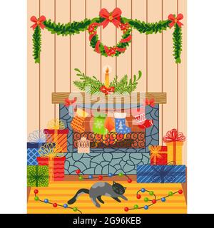 Frohe Weihnachten Abend glückliches neues Jahr Wohnung Interieur für Zuhause Wohnzimmer. Dekorationen, Wandkranz über dem Kamin, rote Weihnachtsstrümpfe. Tannenbaum, Geschenk Stock Vektor