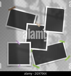 Realistischer Vektor-Satz von Vintage-Foto-Vorlagen mit Klebebändern Schatten Overlay aus dem Fenster Stock Vektor
