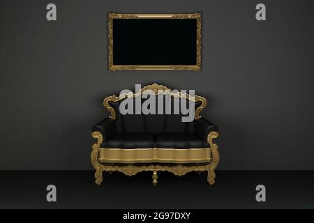 Luxuriöses, schwarzes Leder-Zweisitzer-Sofa mit goldenem Bilderrahmen. 3d-Rendering Stockfoto