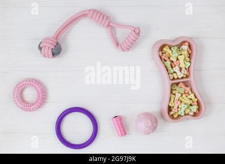 Rosa Schale mit Snacks, Ball, Leine, ein Knochenspielzeug für Hunde auf einem weißen Holztisch. Set von Zubehör für Haustiere auf Holz. Nahaufnahme Stockfoto