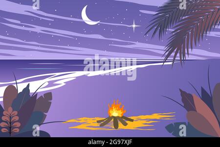Landschaft von Camping am Strand in der Nacht in flachem Design Stock Vektor