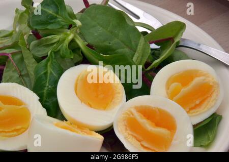 Halbierte gekochte Eier und grüner Blattsalat als Diätfrühstück auf einem Teller mit einer Gabel Stockfoto