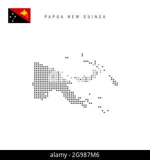 Karte mit quadratischen Punkten von Papua-Neuguinea. PNG-Karte mit gepunkteten Pixeln und isolierter Nationalflagge auf weißem Hintergrund. Vektorgrafik. Stock Vektor