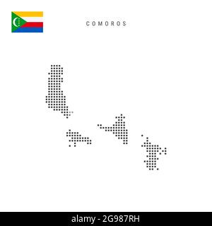 Karte mit quadratischem Punktmuster von Komoren. Union of the Comoros gepunktete Pixelkarte mit Nationalflagge auf weißem Hintergrund isoliert. Vektorgrafik. Stock Vektor