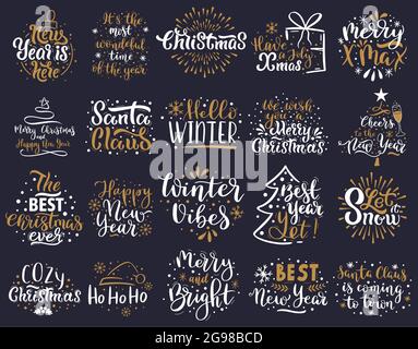 Weihnachtsschriftzug. Frohes neues Jahr und frohe Weihnachten Gruß Schriftzug Phrasen Vektor Illustration Set. Handgezeichnete Weihnachtsbeschriftungen Stock Vektor