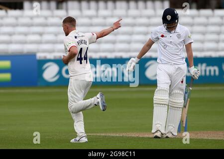 Jamie Porter von Essex behauptet das Dickicht von Matt Crickley während des Essex CCC gegen Derbyshire CCC, LV Insurance County Championship Group 1 Cricket im Stockfoto