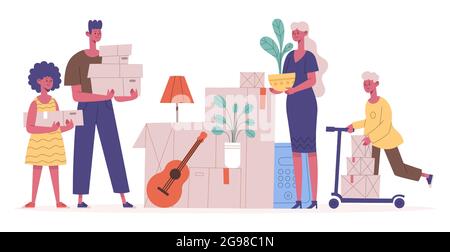 Familie zieht neues Haus. Mutter, Vater und Kinder ziehen aus der neuen Wohnung, mit Kisten mit Haushaltsgegenständen Vektorgrafik. Umzug Umzug Stock Vektor