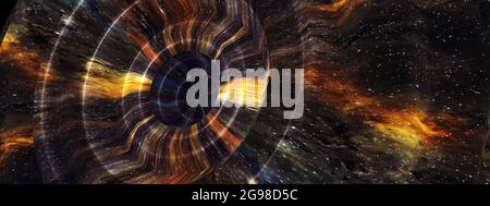 Abstrakter Hintergrund mit 3D-Illustration futuristischer Kreis. Mehrfarbige abstrakte moderne Kreisdarstellung auf dunkelschwarzem Hintergrund. 3D-Rendering-Scien Stockfoto