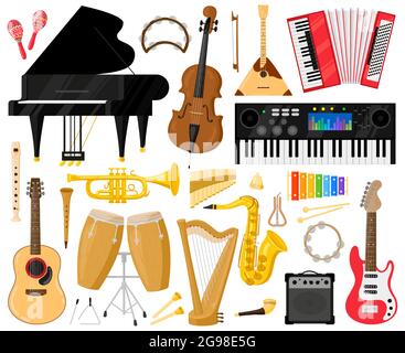 Musikinstrumente. Cartoon-Musikband-Instrumente, Klavier, Schlagzeug, Harfe und Synthesizer Vektor-Symbole gesetzt. Orchester oder klassisches Musikinstrument Stock Vektor