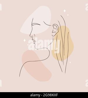 Make-up oder Frisur Konzept. Abstraktes Frauenporträt auf beigefarbenem Hintergrund mit verschiedenen Formen. Vektor-Illustration im trendigen linearen Stil. Logo für Stock Vektor