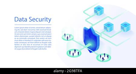 Sicherheitskonzept für Data Cloud Computing. Isometrische 3D-Vektordarstellung eines Cloud-Rechenzentrums, das durch EINEN IT-Sicherheitsschutz geschützt ist. Stock Vektor