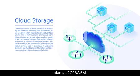 Cloud-Storage-Konzept als Website-Banner. isometrische 3D-Vektordarstellung eines Rechenzentrums in der Cloud. Stock Vektor