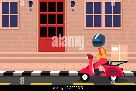 Lieferung Motorrad auf der Straße in der Stadt in flacher Ausführung Stock Vektor