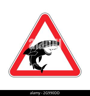 Achtung Shark. Vorsicht Meeresraubtier. Rotes Dreieck Straßenschild. Stock Vektor