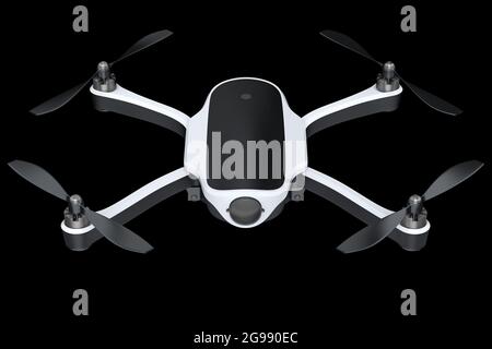 Fliegende Foto- und Video-Drohne oder Quadcopter mit Action-Kamera isoliert auf schwarzem Hintergrund. 3D-Rendering des Geräts für die Lieferung oder Luftaufnahmen Stockfoto