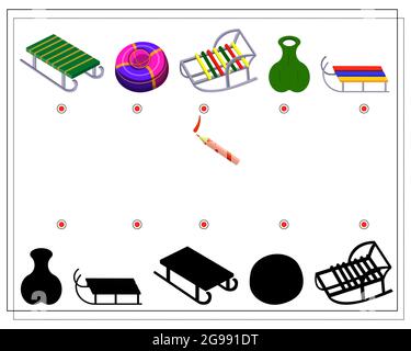 Ein Spiel für Kinder finden den richtigen Schatten, Schlitten. vektor isoliert auf einem weißen Hintergrund Stock Vektor