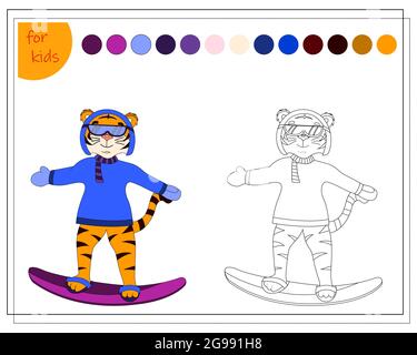 Malbuch für Kinder durch Farben, Cartoon Tiger Snowboarding, Symbol des Jahres, Vektor isoliert auf weißem Hintergrund. Stock Vektor