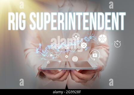 Schreiben mit Text Rig Superintendent. Word für Bohrvorgänge verwalten, um die Rig-Down-Zeit zu minimieren Lady in Suit Holding Phone und Performing Stockfoto
