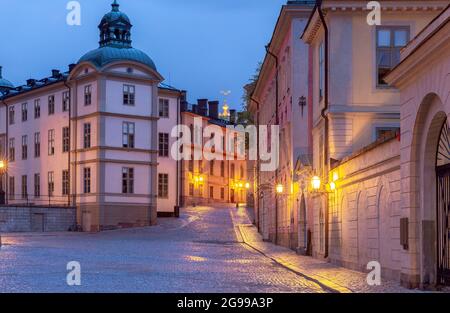 Der berühmte Platz Birger Jarl Borg auf der Insel Galma Stan im Morgengrauen. Stockholm. Schweden. Stockfoto