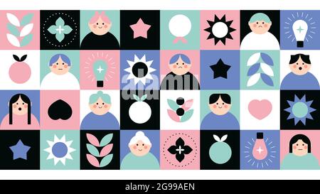 Niedliche geometrische Hintergrund mit Menschen und Design-Elemente. Quadratische Inspirierende Collage. Vektorgrafik Stock Vektor