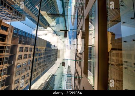 SYDNEY - 19. AUGUST 2018: Blick auf den Sydney Apple Store und die Wolkenkratzer in der Innenstadt Stockfoto