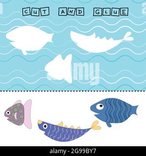 Fische Arbeitsblatt Vektor-Design, ist die Aufgabe zu schneiden und kleben ein Stück auf bunte niedliche Fische . Logikspiel für Kinder. Stock Vektor