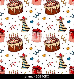 Handgezeichnetes nahtloses Happy Birthday-Muster. Vektorgrafik im farbigen Skizzenstil Stock Vektor