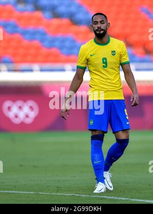 Yokohama, Japan. Juli 2021. YOKOHAMA, JAPAN - 25. JULI: Matheus Cunha aus Brasilien während des Olympischen Fußballturniers für Männer von Tokio 2020 zwischen Brasilien und der Elfenbeinküste am 25. Juli 2021 im Nissan-Stadion in Yokohama, Japan (Foto: Pablo Morano/Orange Picics) Credit: Orange Pics BV/Alamy Live News Credit: Orange Pics BV/Alamy Live News Stockfoto