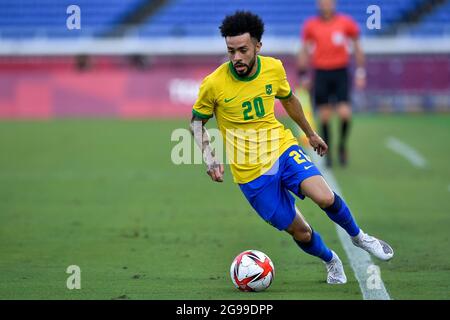 Yokohama, Japan. Juli 2021. YOKOHAMA, JAPAN - 25. JULI: Claudinho aus Brasilien während des olympischen Fußballturniers für Männer von Tokio 2020 zwischen Brasilien und der Elfenbeinküste am 25. Juli 2021 im Nissan-Stadion in Yokohama, Japan (Foto von Pablo Morano/Orange Picics) Credit: Orange Pics BV/Alamy Live News Credit: Orange Pics BV/Alamy Live News Stockfoto