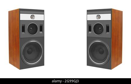 Musik und Ton – Gehäuse für zwei dreipolige Line-Array-Lautsprecher, isoliert auf weißem Hintergrund. Stockfoto